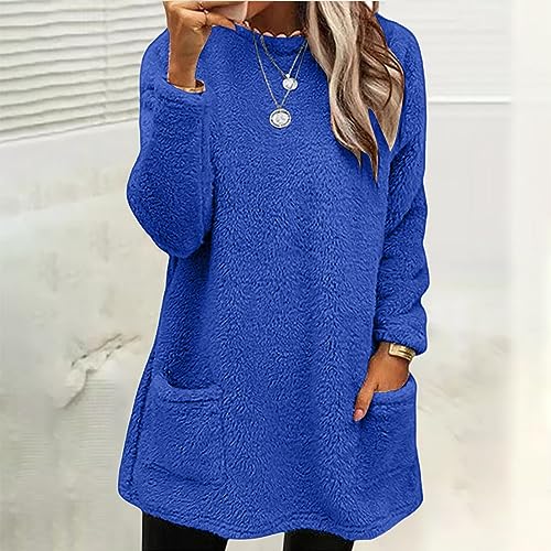 Angxiwan winter hoodies for women UK Fleece Jumper Women Warm Winter Tops Warm Teddy Sherpa Tunic Top With Pockets Long Sleeve Plush Oversized Sweatshirts Plus Size Thermal teddy coats for UK