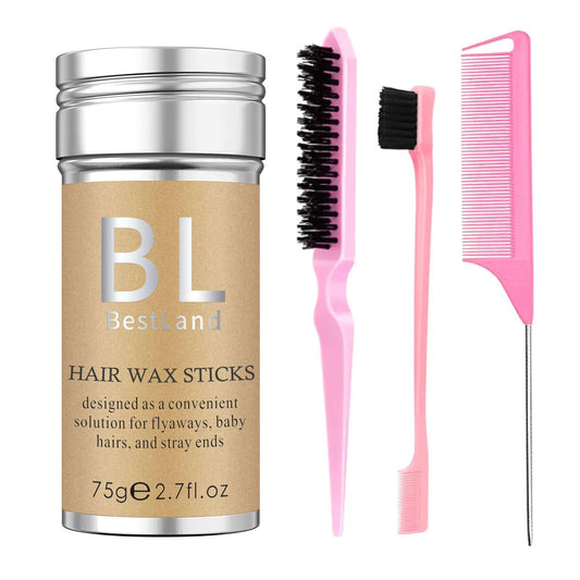 Hair Wax Stick & Pink Brush Set -Versatile Hair Styling Kit, Long-Lasting Anti-Frizz, Non-greasy Wax Stick for Women Girls (75g Pack)