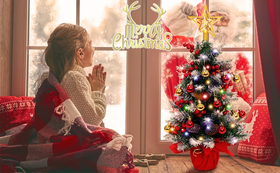 Fayavoo 60cm Mini Christmas Tree Artificial Tabletop Christmas Tree with Lights Christmas Baubles Ball Ornaments, Potted Small Xmas Tree with Christmas Tree Star for Christmas Decorations