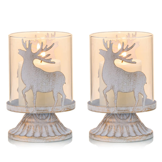 Sziqiqi Vintage Antique Metal Pillar Candle Holders Set of 2, Distressed Hurricane Candlestick Candle Holders Prefer Centerpieces for Christmas Table Mantle Fireplace Decoration, Deer