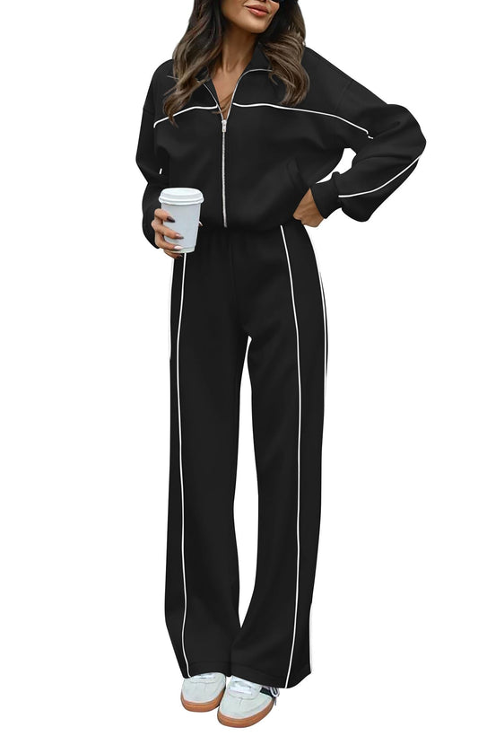BTFBM Women's Two Piece Tracksuit Fall 2025 Long Sleeve Zip Up Sweatshirt Long Pants Outfits Jogger Sweatsuit Sets(Black,X-Large)