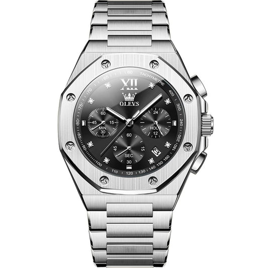 OLEVS Watch for Men Big Black Face Analog Quartz Diamond Mens Watches Chronograph Roman Numerals Stainless Steel Silver Men's Watch Luxury Large Wrist Waterproof Luminous Date Watches for Mens