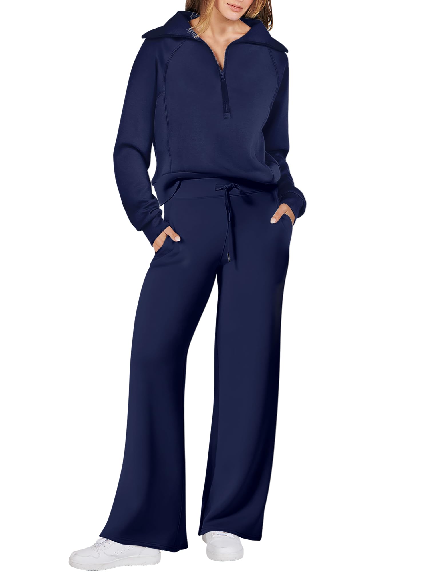 ANRABESS Women 2 Piece Outfits 2025 Fall Fashion Airport Wide Leg Pants Lounge Set Leisure Travel Vacation Clothes Sweatsuits Navy Blue Medium