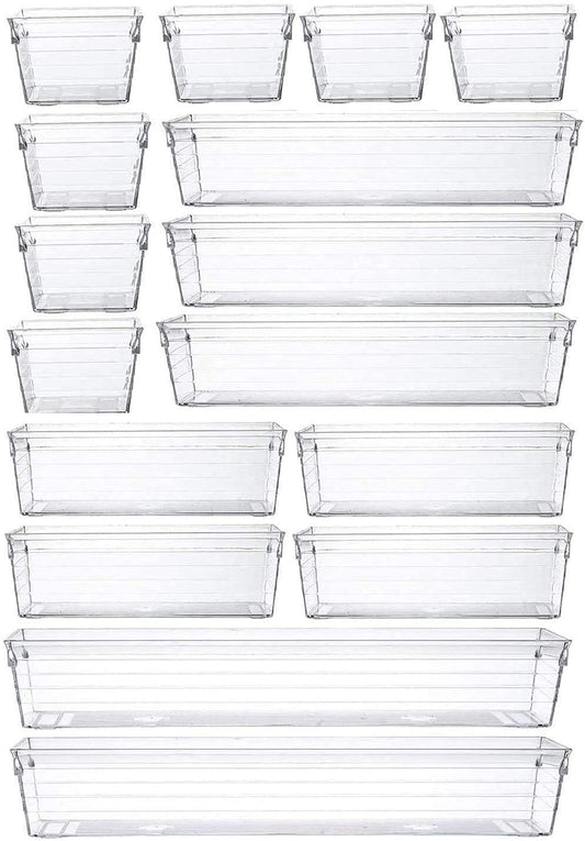 Grace Store 16 Pcs Clear Plastic Drawer Organiser Trays Desk Versatile Kitchen Drawer Organiser Bins Tray for Makeup Bedroom Office