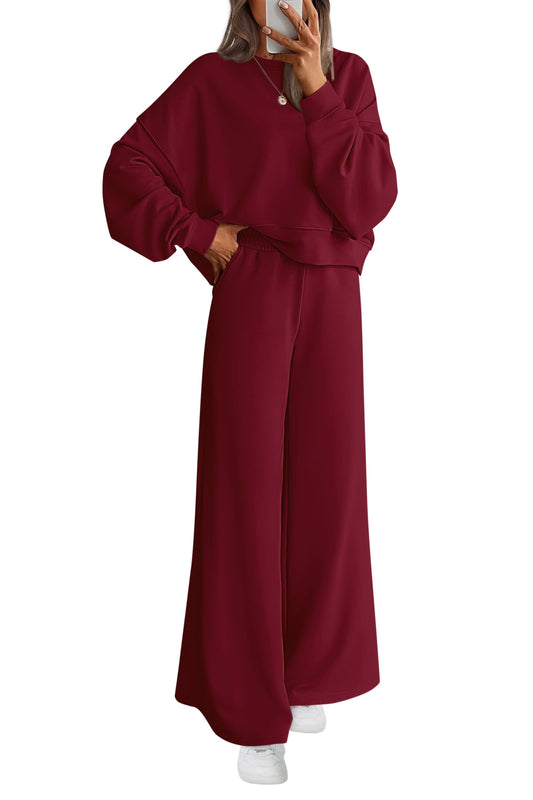 PRETTYGARDEN Women 2 Piece Outfits 2025 Fall Sweatsuits Crewneck Sweatshirt Wide Leg Sweatpants Lounge Sets Tracksuit(Burgundy,X-Small)