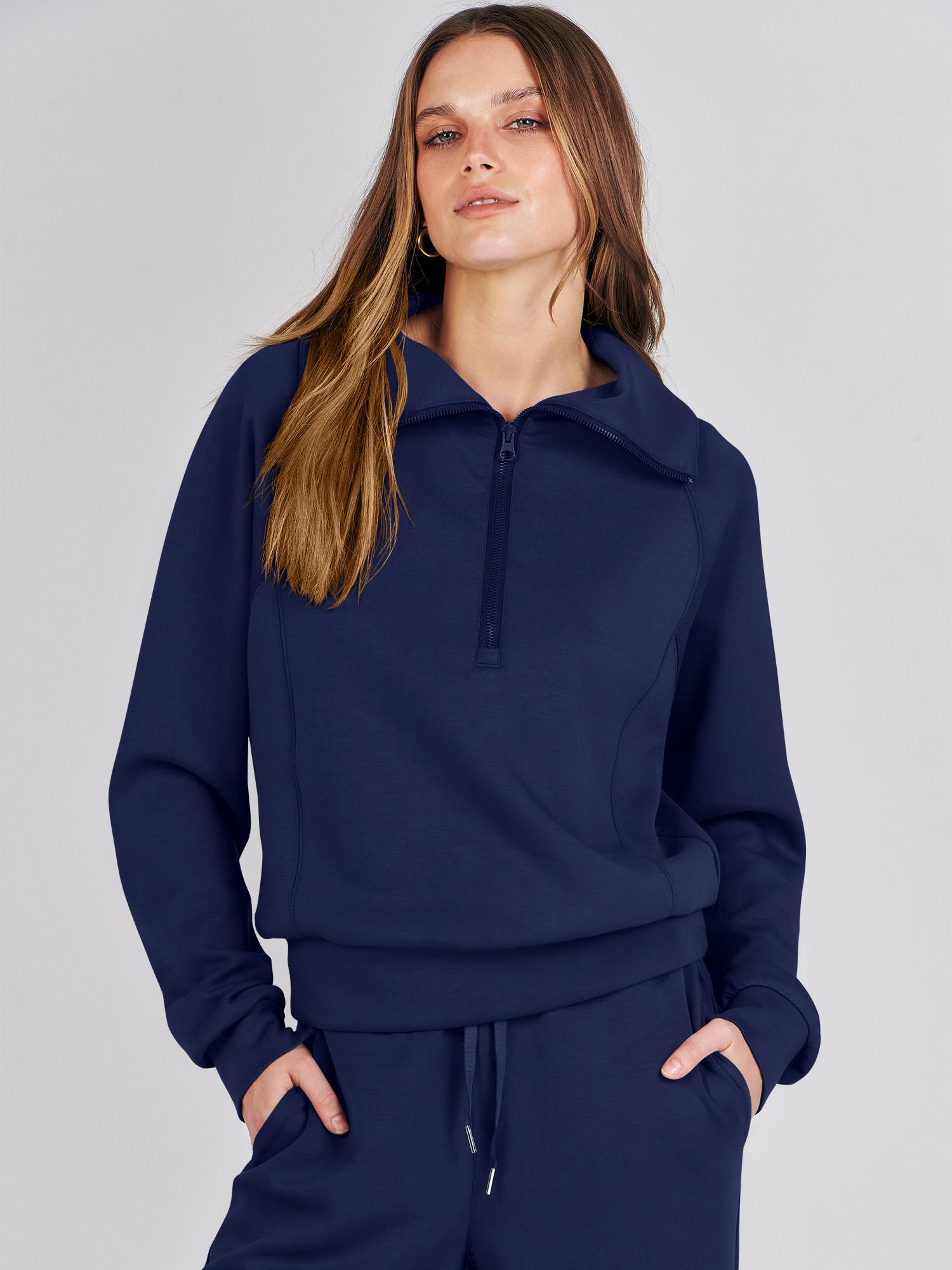 ANRABESS Women 2 Piece Outfits 2025 Fall Fashion Airport Wide Leg Pants Lounge Set Leisure Travel Vacation Clothes Sweatsuits Navy Blue Medium
