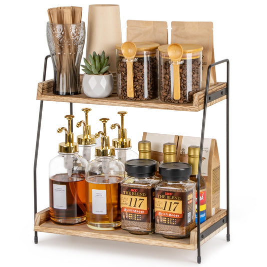 ANBOXIT Coffee Station Organizer for Countertop, 2 Tier Coffee Bar Accessories and Organizer, Wooden Kitchen Storage & Organisation, Countertop Organiser for Kitchen, Home, Office - Brown