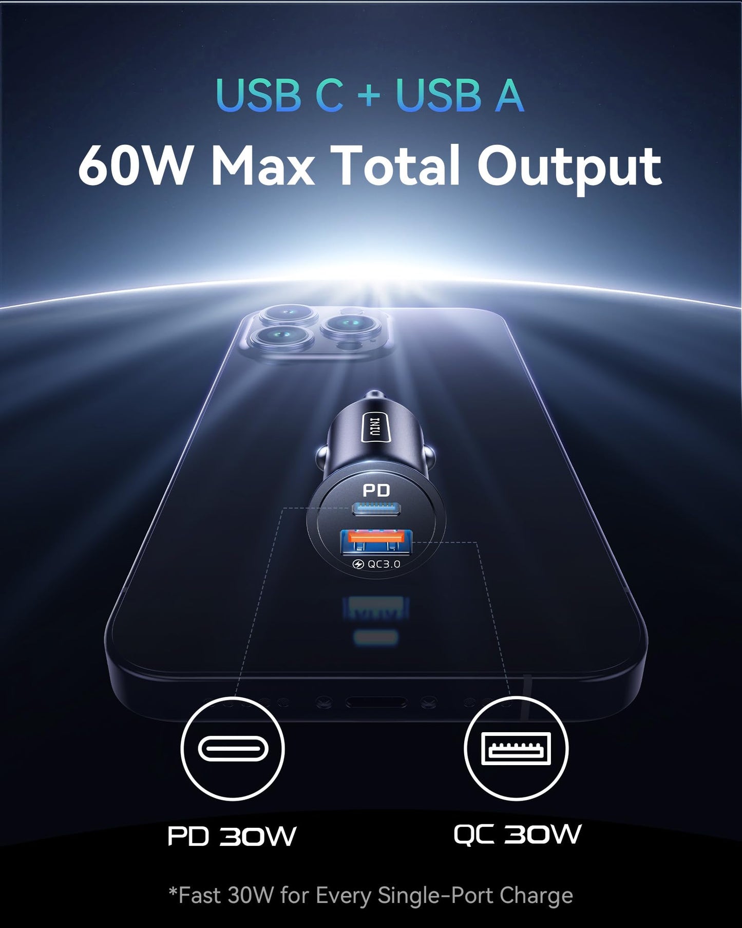 INIU Car Charger, Cigarette Lighter USB Charger Total 60W [USB C 30W+USB A 30W] 12V USB Socket, PD3.0 Fast Charge Car Phone Charger Metal Adapter for iPhone 17 16 15 14 13 Pro Max iPad Samsung Google
