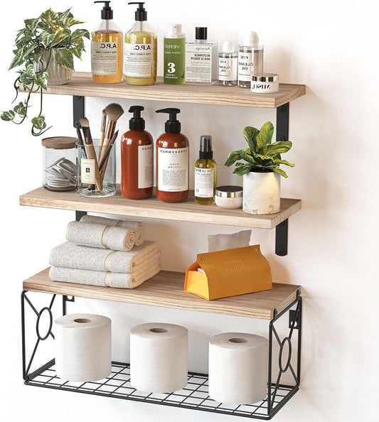 Pipishell Floating Shelves with Wire Strorage Basket, Paulownia Wood Bathroom Shelves for Home Organization & Wall Decor, Bathroom/Kitchen/Living Room/Office Shelves, Set of 3+1, Natural