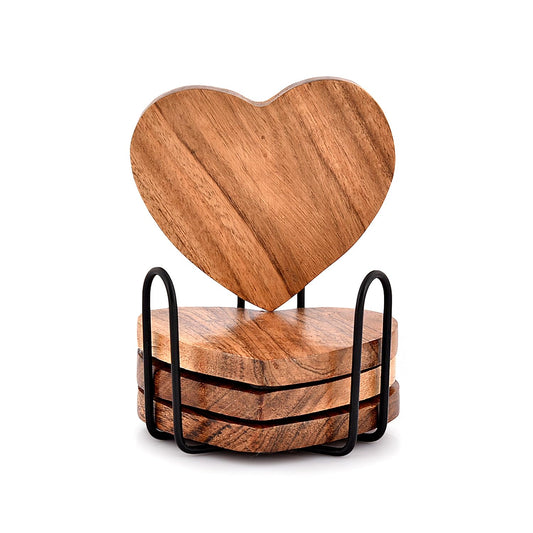 Samhita Acacia Wood Heart Shape Coaster Set of 4 With Iron Holder for Coffee Table Décor Housewarming Gift New Home Kitchen Décor (10.16cm x 10.16cm x 1.27cm)