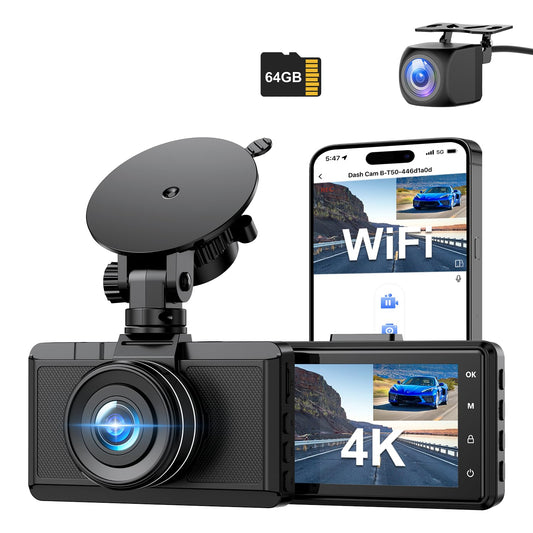 Dash Cam Front and Rear Camera, CHORTAU 3Inch Screen WiFi Dash cam, Upgraded 4K+1080P Dash Camera for Cars, Dashboard Camera with Free 64GB Card, Type-C Port, Parking Monitor, Super Night Vision