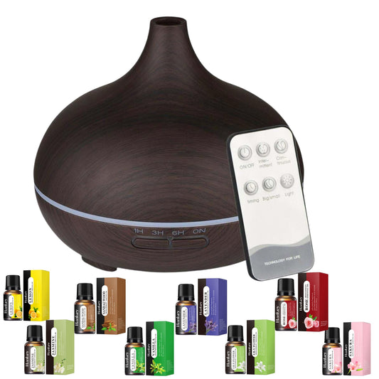 Diffusers 500ML with 8 Essential Oils Set - Essential Oil Diffuser with Remote Control - Aromatherapy Oil Diffusers With 7 LED Lights - Dark Wood Grain Ultrasonic Cool Mist - For Home Bedroom Office
