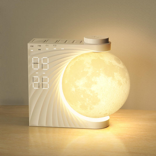 INSSISAIN Moon Lamp with Luminous Alarm Clock, 8 Colours LED Wake-up Light, Alarm Clock and Sound Machine with Moon Light, Double Alarm, Snooze Function, 10 Nature Sounds