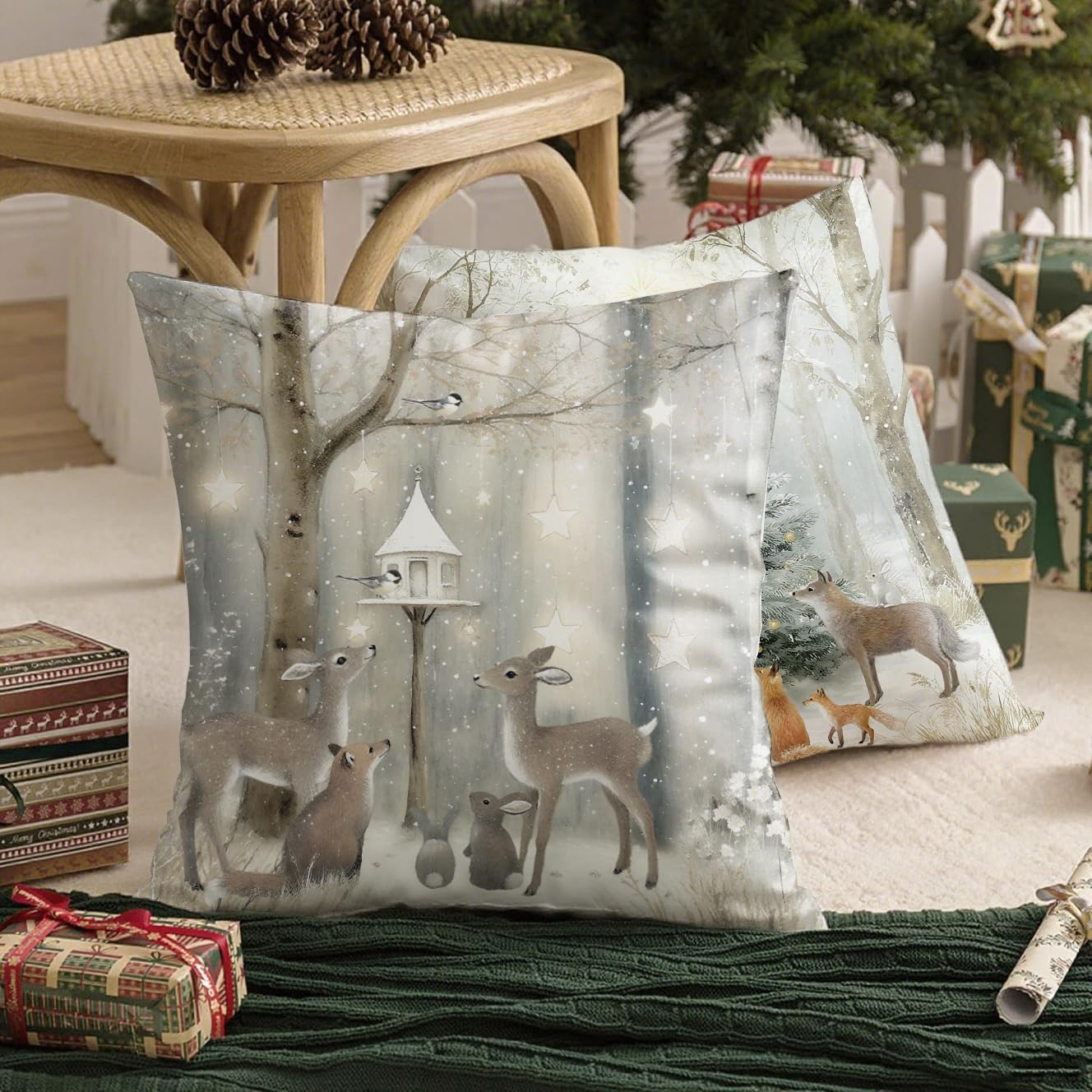 Christmas Cushion Covers Xmas Decorations Throw Pillow Cover Winter Animal Snowman Grey Set of 4 Christmas Decor For Sofa Living Room Home 18x18 Inch 45x45cm