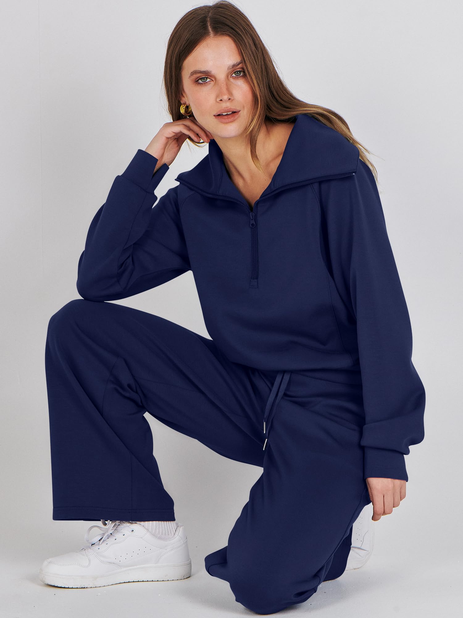 ANRABESS Women 2 Piece Outfits 2025 Fall Fashion Airport Wide Leg Pants Lounge Set Leisure Travel Vacation Clothes Sweatsuits Navy Blue Medium