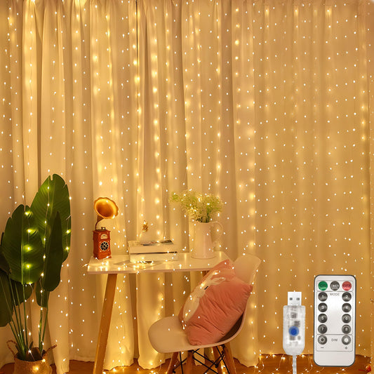 Jsdoin Curtain Fairy Lights, 3.6m x 3m 360leds USB Operated 8 Modes String Light Indoor Waterproof Hanging Window Lights with Hooks for Christmas, Wedding, Party,Wall, Home Decorations（Warm White）