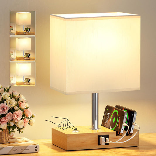 PreeOtti Bedside Lamps, Table Lamp for Living Room with USB A+C Charging Ports, 3-Way Dimmable Touch Lamps Bedside with 2 Phone Slots, Wood Charger Organizer for Bedroom, Study, Office(Bulb Included)