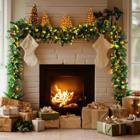 6FT/1.8M Christmas Garland For Fireplace Stairs Front Door, Xmas Garlands With Lights Pine Cones Berries,Light Up Artificial Wreath Table Porch Arch Mantle Garden Gate Home Outdoor Decorations