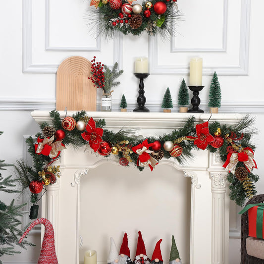 1.8M/6FT Christmas Garland with Lights, Pre Lit Christmas Decorations with LED Lights and Bow Pine Cones Berries for Xmas Tree Front Door Stairs Mantle Fireplace Home Holiday Decor, Xmas Decor