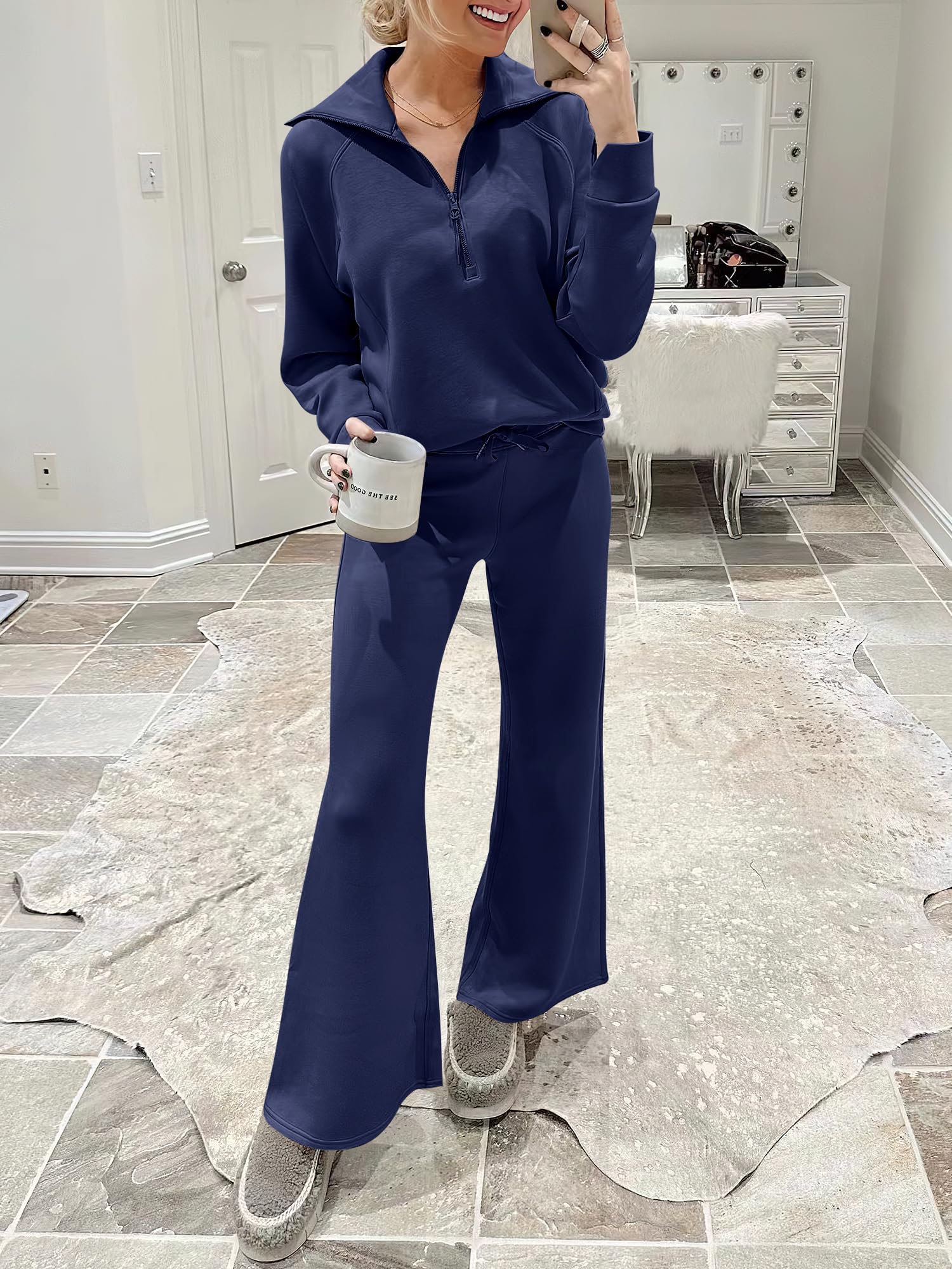ANRABESS Women 2 Piece Outfits 2025 Fall Fashion Airport Wide Leg Pants Lounge Set Leisure Travel Vacation Clothes Sweatsuits Navy Blue Medium