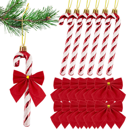 18pcs Christmas Decorations Candy Canes Red White and Small Red Bows for Christmas Tree Decorations Hanging Ornaments (Red)