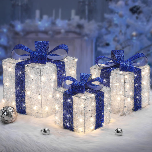 Quntis Light up Present Boxes Christmas 140 LEDs, Set of 3 Christmas Lighted Gift Boxes with 8 Modes and Timer, Plug in Blue Christmas Decorations, Light up Xmas Decorations for Indoor Outdoor