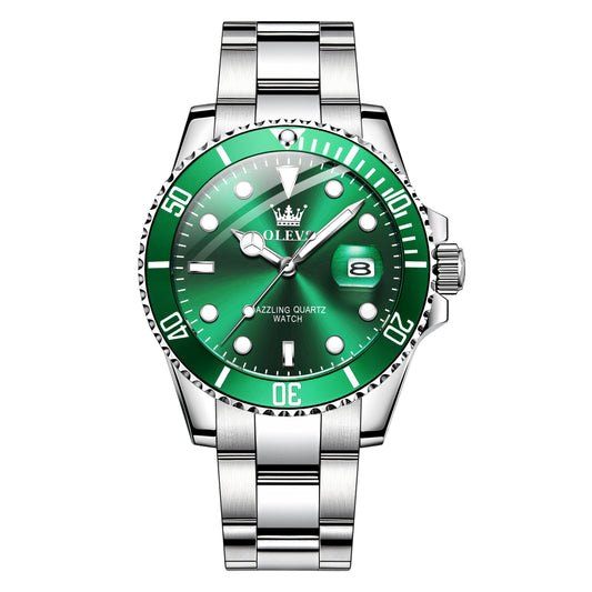 OLEVS Mens Watch Big Face Silver Stainless Steel Analogue Quartz Watches Men Green Dial Rotatable Bezel Calendar Men's Dress Watch Waterproof Luminous with Date Watches for Men Reloj para Hombre