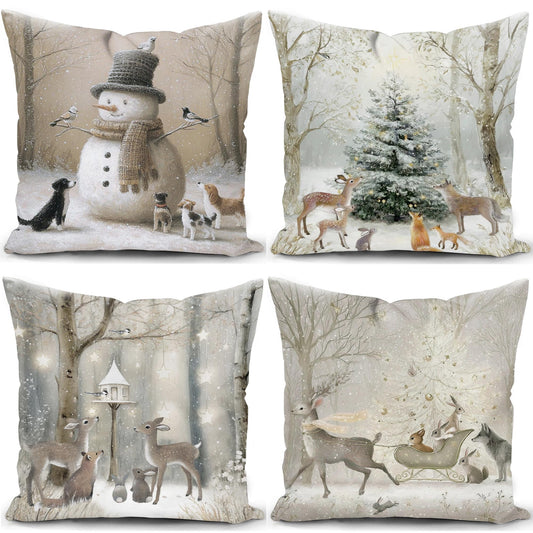 Christmas Cushion Covers Xmas Decorations Throw Pillow Cover Winter Animal Snowman Grey Set of 4 Christmas Decor For Sofa Living Room Home 18x18 Inch 45x45cm