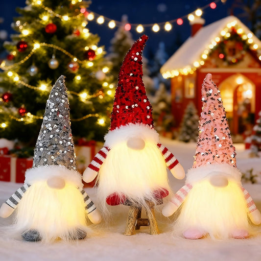 3PCS Light Up Gnome Christmas Decorations Santa Gnomes with Glitter Hat, Light Up Christmas Gonks Ornaments Elf Christmas for Xmas Decorations Indoor Holiday Table Home Decor (Red&Pink&Grey)