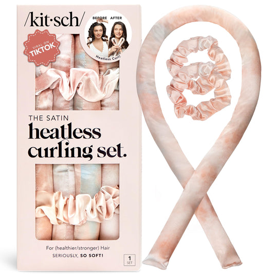 Kitsch Heatless Curling Set - Satin Heatless Curler, Heatless Curlers for Long & Short Hair, Hair Curler No Heat for Heatless Curls, Overnight Curls with 2 Scrunchies & Blowout Rod - Sunset Tie Dye