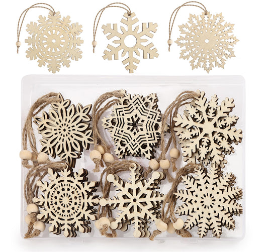 Christmas Wood Ornaments,Anstore 27pcs Wooden Snowflakes Vintage with Boxes,7cm Wooden Christmas Hanging Pendants with Hanging Strings,Christmas Tree Hanging Wooden Snowflake Ornament Decoration