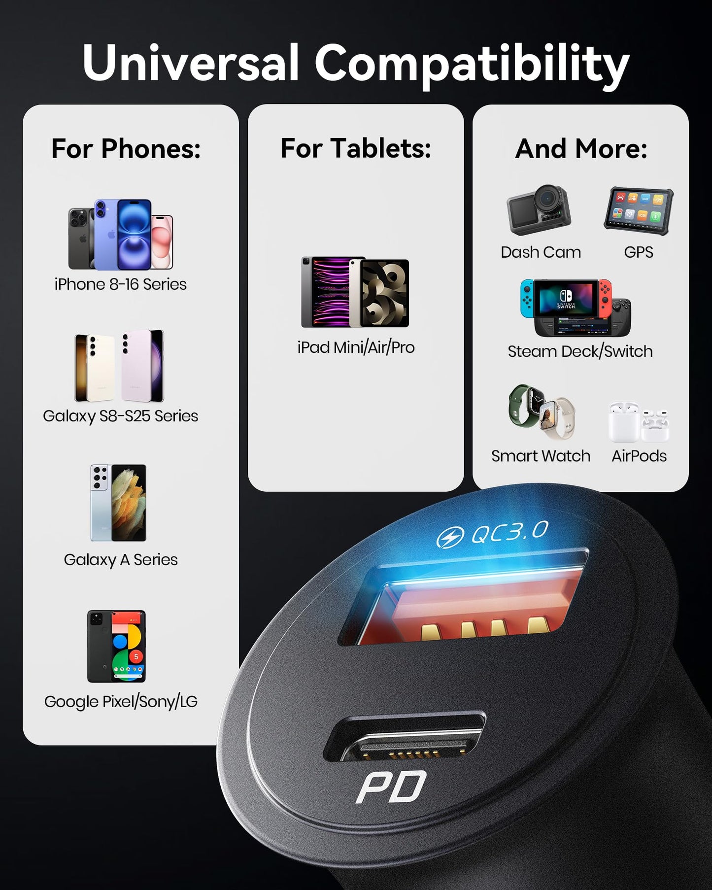 INIU Car Charger, Cigarette Lighter USB Charger Total 60W [USB C 30W+USB A 30W] 12V USB Socket, PD3.0 Fast Charge Car Phone Charger Metal Adapter for iPhone 17 16 15 14 13 Pro Max iPad Samsung Google