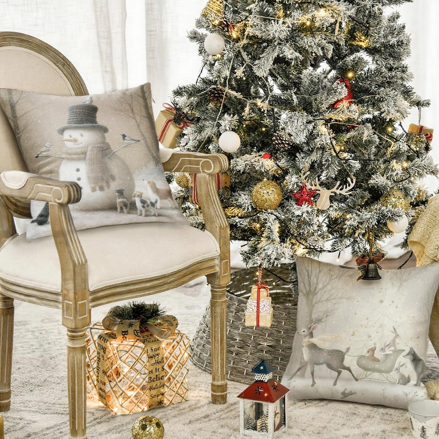 Christmas Cushion Covers Xmas Decorations Throw Pillow Cover Winter Animal Snowman Grey Set of 4 Christmas Decor For Sofa Living Room Home 18x18 Inch 45x45cm