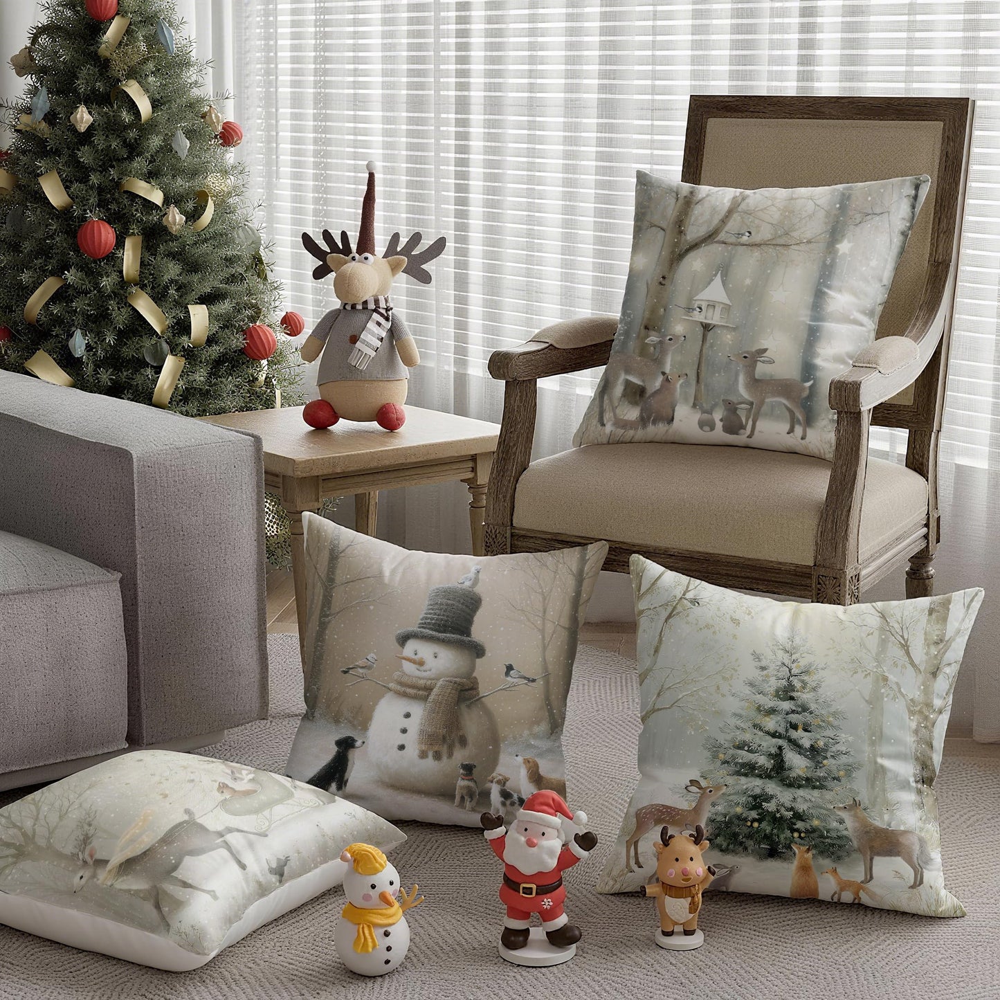 Christmas Cushion Covers Xmas Decorations Throw Pillow Cover Winter Animal Snowman Grey Set of 4 Christmas Decor For Sofa Living Room Home 18x18 Inch 45x45cm