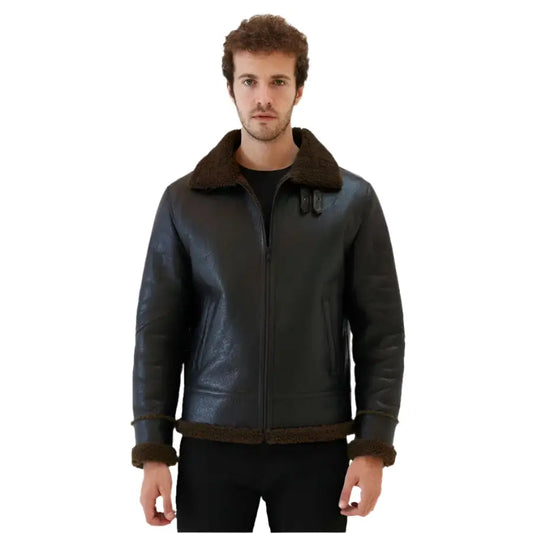 Premium Mens Dark Brown Shearling Aviator Jacket
